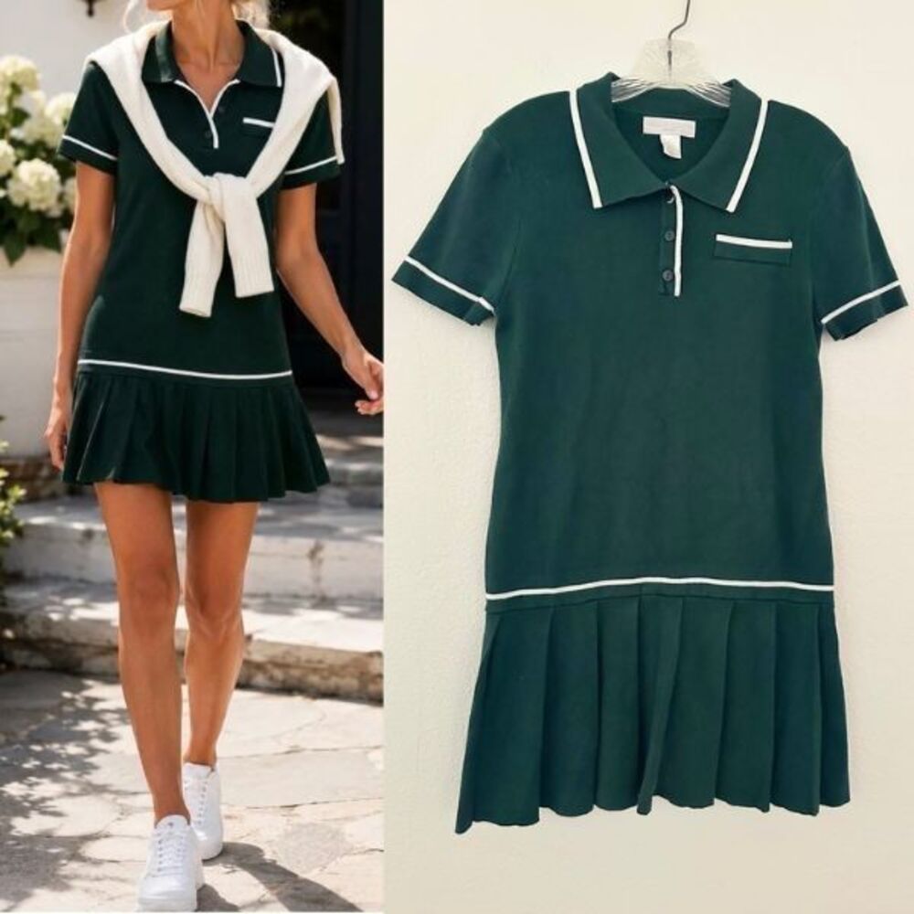 Caroline Constas Tennis Polo Dress Mini Forest Green Pleats Athletic Women Large